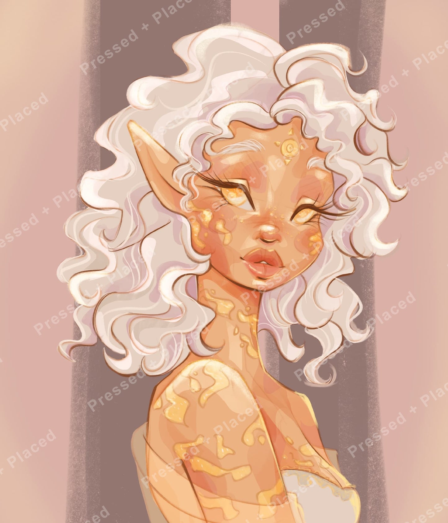 Stylized fantasy elf portrait with white curls, golden accents, and soft pastel tones