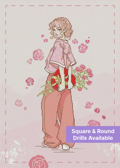 Anime-style pink-haired girl holding flowers with soft rose accents and pastel tones