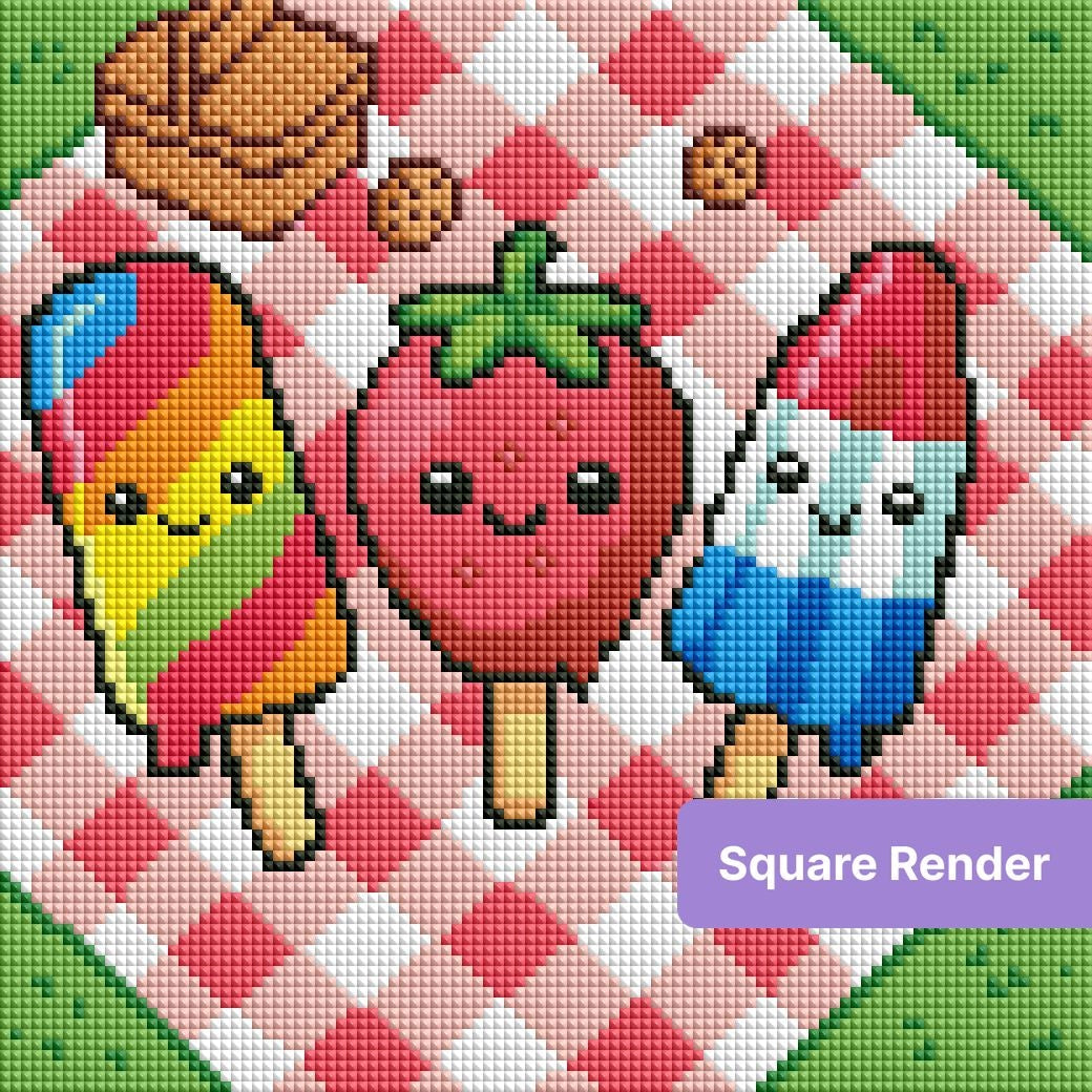 Cute cartoon popsicles on a pink checkered picnic blanket in bright summer colors