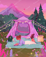 Pastel camping scene with pink tent, fairy lights, mountains, and a woman reading outside