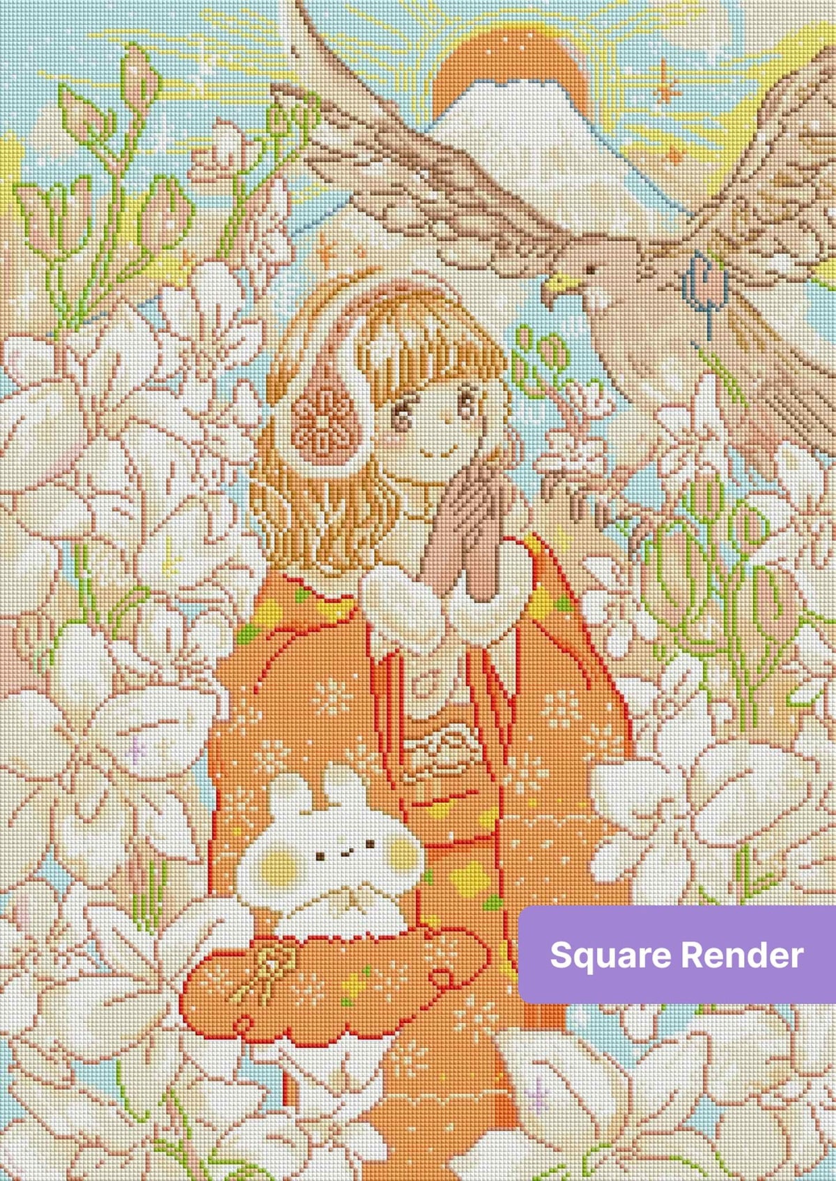 Anime girl in pastel flowers with eagle and mountain sunset fantasy art