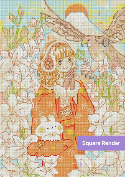 Anime girl in pastel flowers with eagle and mountain sunset fantasy art