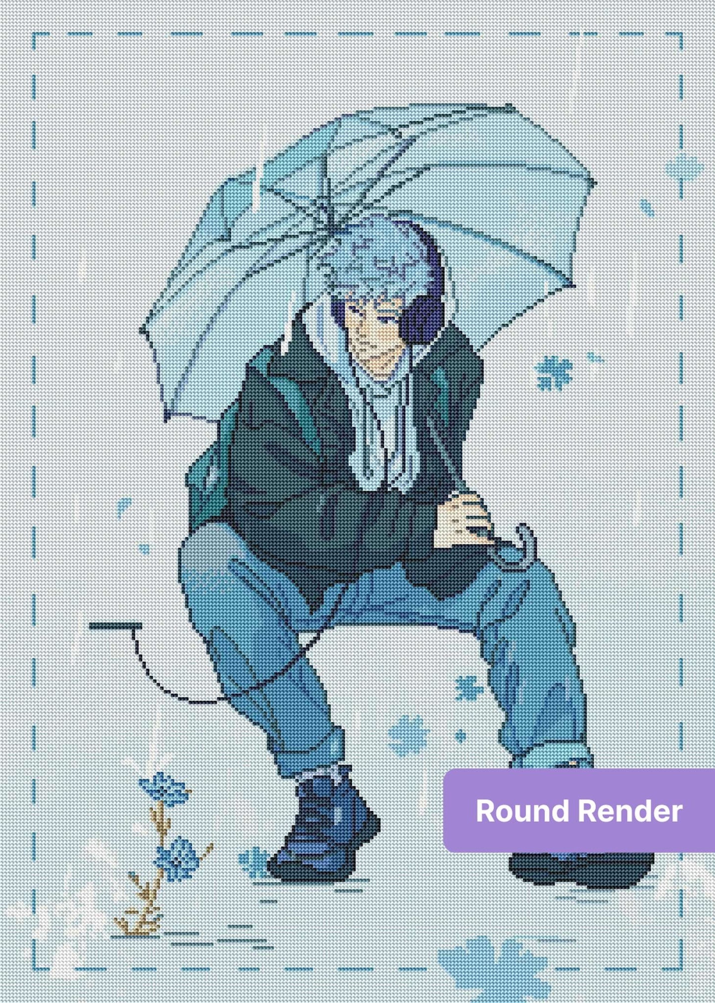 Anime boy sitting under a clear umbrella in cool blue tones, modern illustration style
