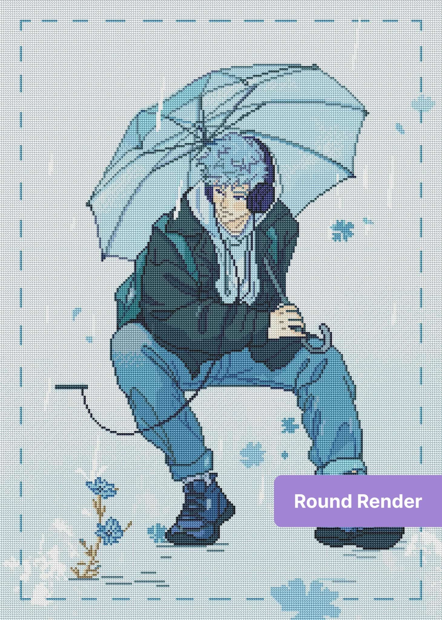 Anime boy sitting under a clear umbrella in cool blue tones, modern illustration style