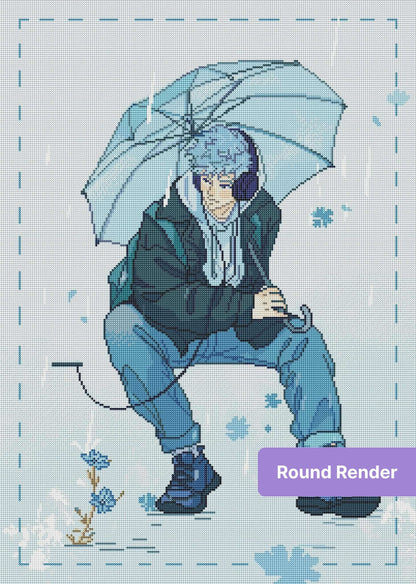 Anime boy sitting under a clear umbrella in cool blue tones, modern illustration style