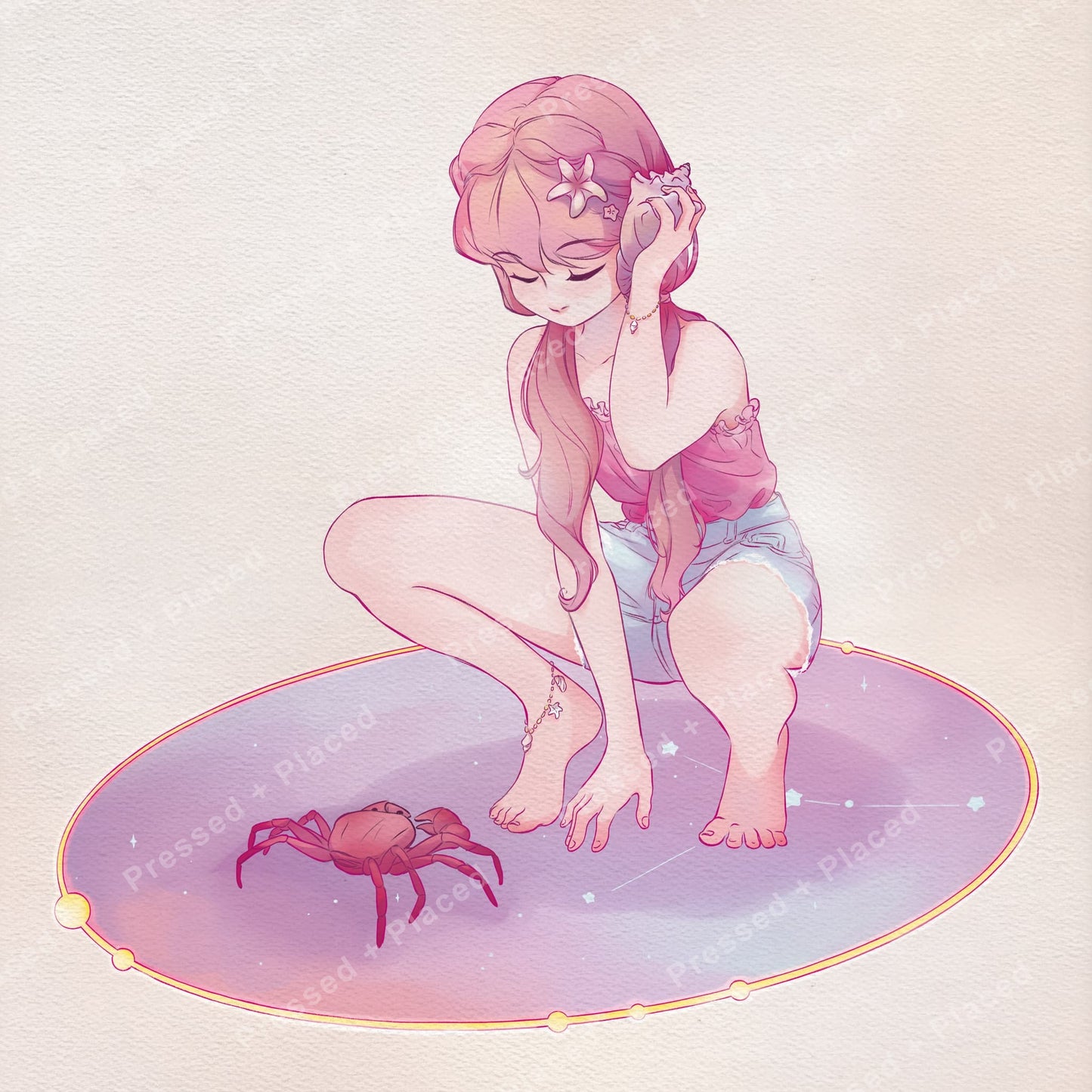Anime-style girl with pink hair kneeling beside a crab on a pastel glowing mat