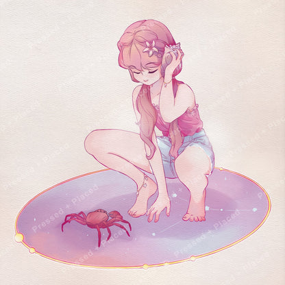 Anime-style girl with pink hair kneeling beside a crab on a pastel glowing mat