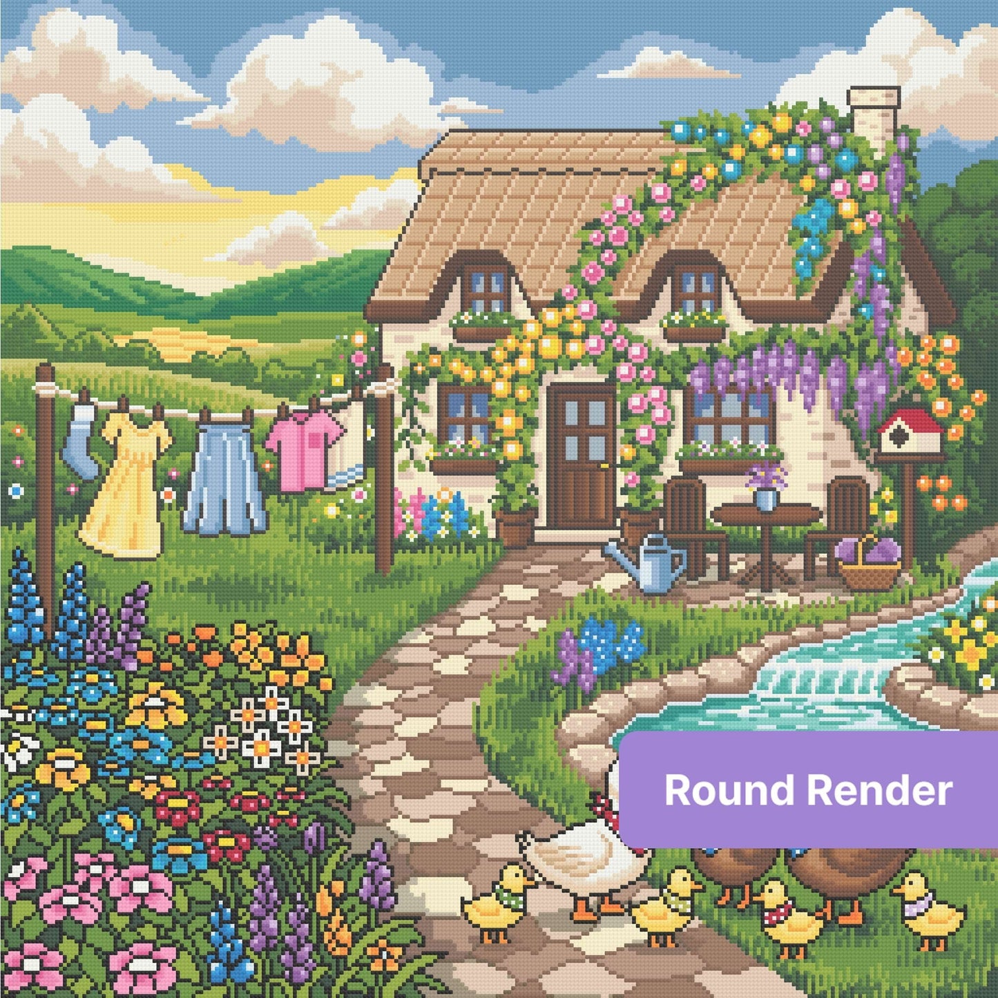 Whimsical cottage garden with ducks, flowers, pond, and rolling hills in diamond art style