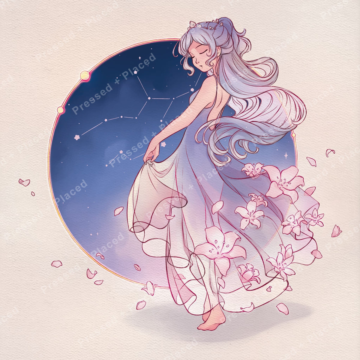 Elegant silver-haired girl with stars, flowers, and flowing dress in fantasy style