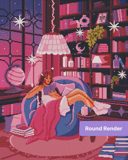 Girl reading in a cozy pink and purple fantasy room with books, candles, and soft lighting