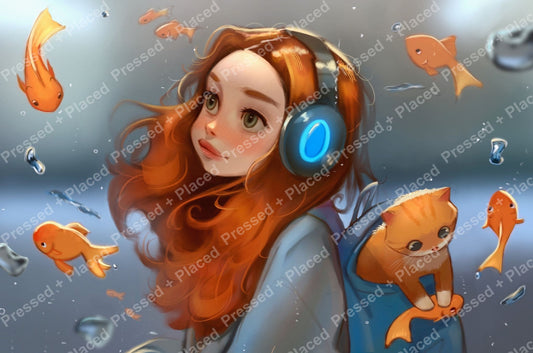 Whimsical girl with red hair and headphones surrounded by orange fish in a dreamy underwater style
