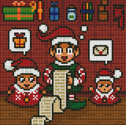 Four festive Christmas diamond art scenes with Santa, elves, a snowman, and a reindeer
