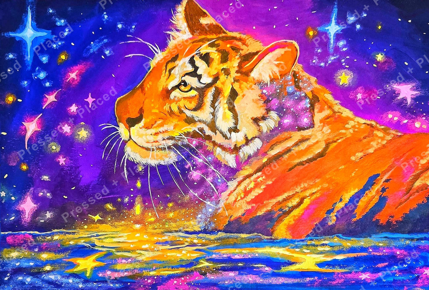 Vibrant tiger portrait with cosmic purple sky, stars, and glowing orange tones