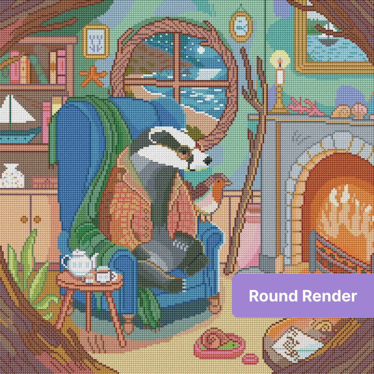 Watercolor-style badger in a cozy seaside cottage with fireplace, ocean view, and warm decor