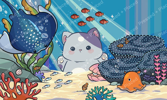 Cute cartoon underwater scene with cat, fish, coral, and sea creatures in bright colors