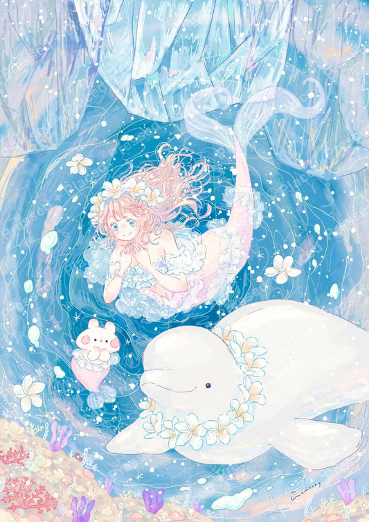 Pastel mermaid floating with whale and dolphin in a dreamy underwater fantasy scene