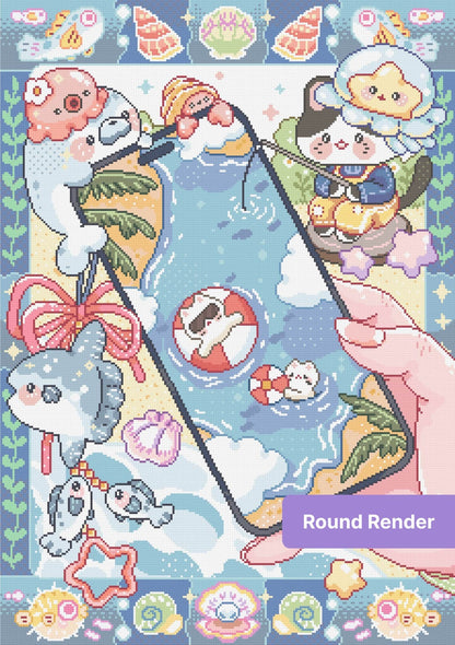 Cute kawaii ocean animal diamond painting with pastel shells, fish, and blue seaside scene