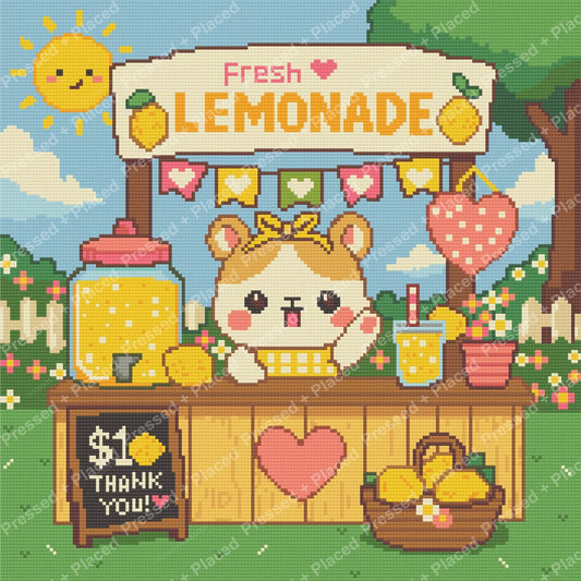 Cute kawaii lemonade stand diamond painting with animal vendor and sunny garden scene