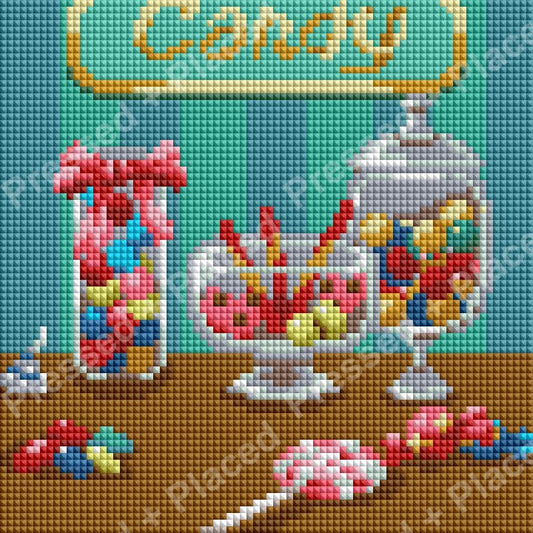 Colorful candy shop diamond painting with jars of sweets and pastel teal background