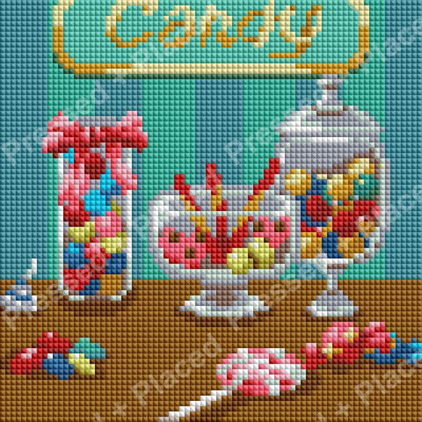 Colorful candy shop diamond painting with jars of sweets and pastel teal background