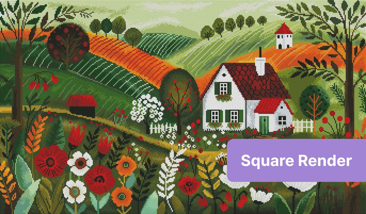 Whimsical countryside cottage with rolling hills, wildflowers, and red-roofed houses