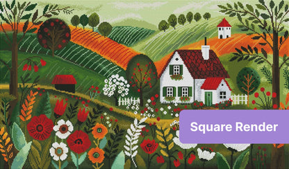 Whimsical countryside cottage with rolling hills, wildflowers, and red-roofed houses