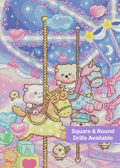Kawaii carousel diamond painting with pastel animal characters, hearts, stars, and dreamy night sky