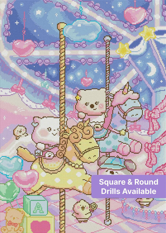 Kawaii carousel diamond painting with pastel animal characters, hearts, stars, and dreamy night sky