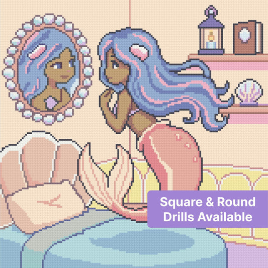Mermaid princess with flowing blue hair in a pastel fantasy room, diamond painting style