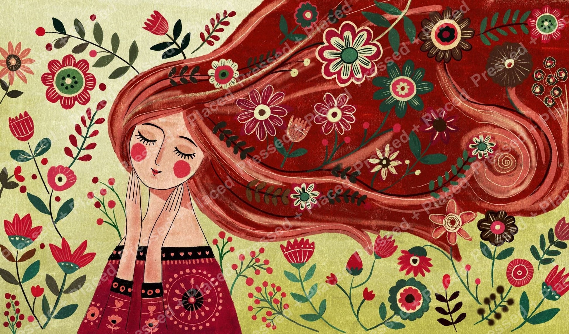 Whimsical girl with flowing red hair surrounded by colorful folk art flowers
