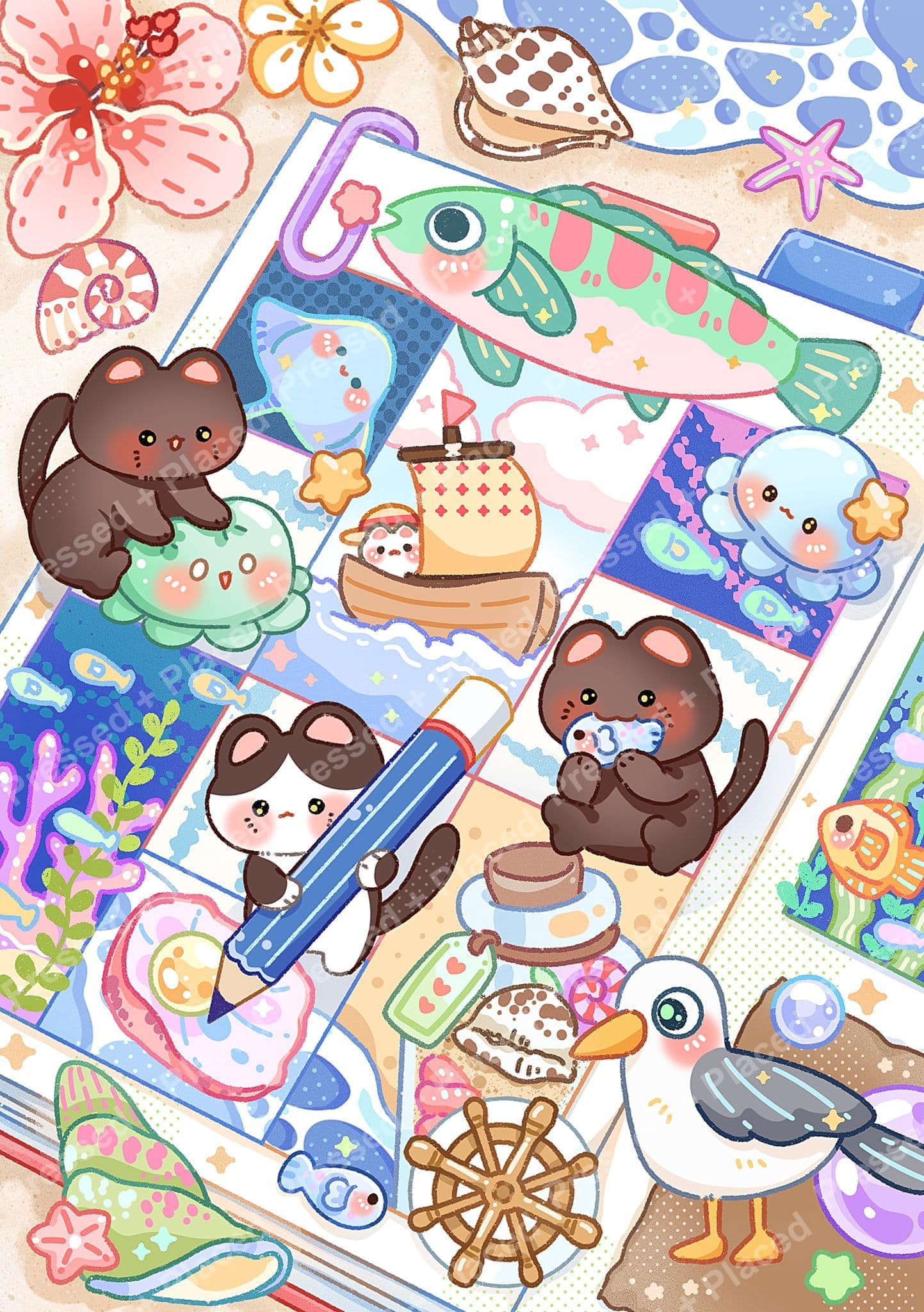 Kawaii sea animals in a colorful pastel patchwork diamond painting design