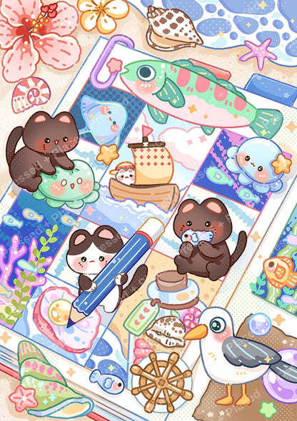 Kawaii sea animals in a colorful pastel patchwork diamond painting design