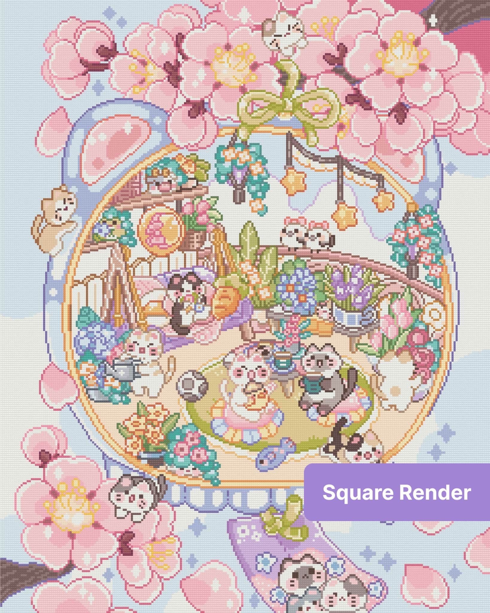 Kawaii cats in a pastel cherry blossom garden with flowers and cozy decor