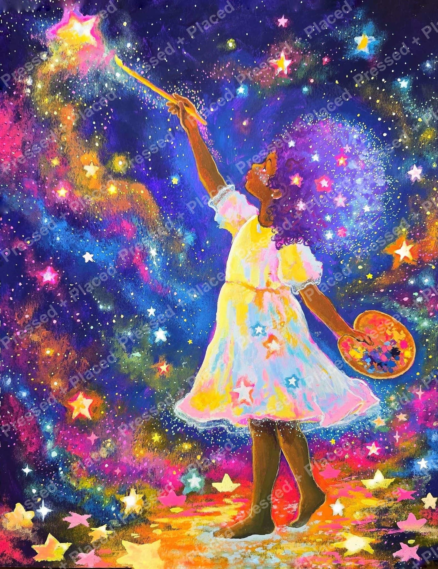 Fantasy girl in a glowing dress reaching for stars with a wand in a colorful cosmic sky