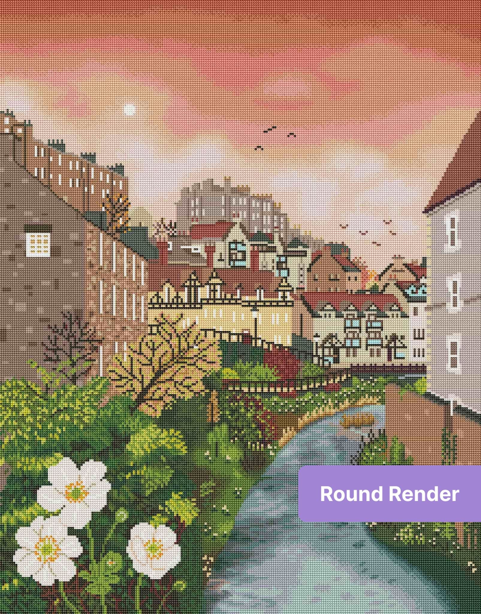 Illustrated village landscape with river, pink sunrise sky, flowers, and charming rooftops
