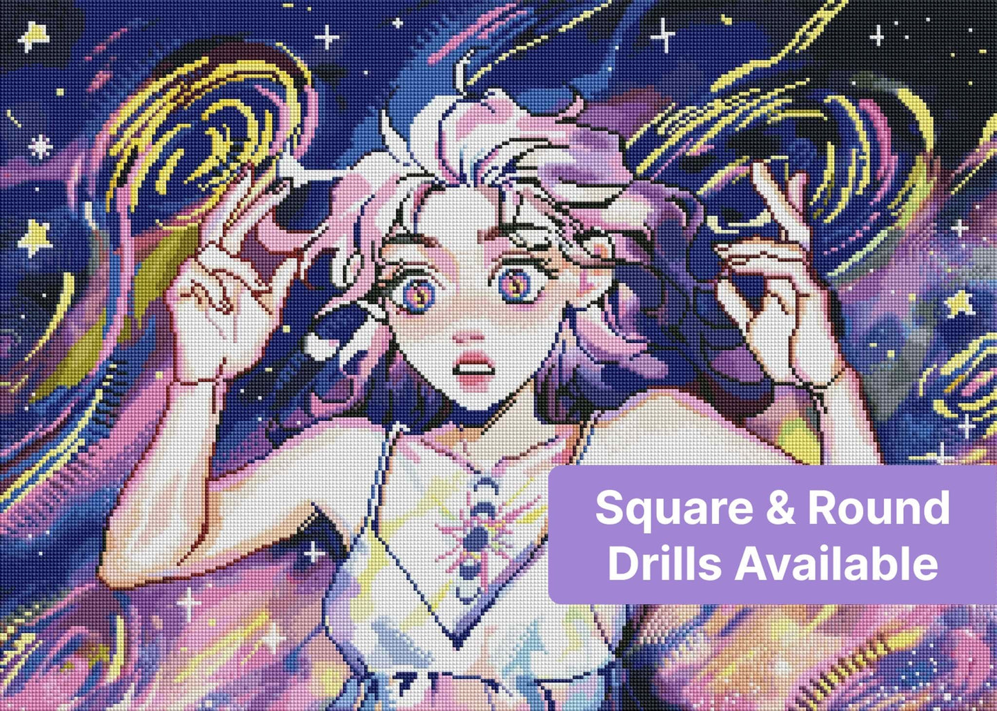 Anime-style celestial girl with swirling cosmic colors and starry fantasy background