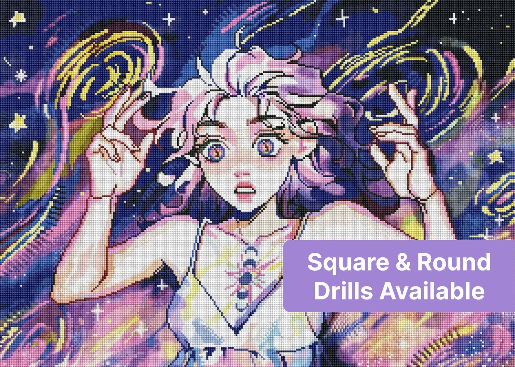 Anime-style celestial girl with swirling cosmic colors and starry fantasy background