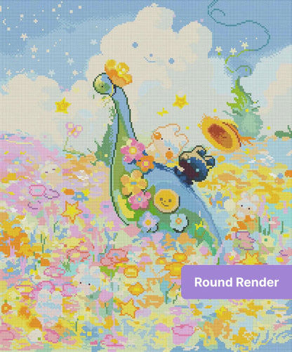 Whimsical dinosaur in a pastel flower field with clouds, stars, and playful fantasy details