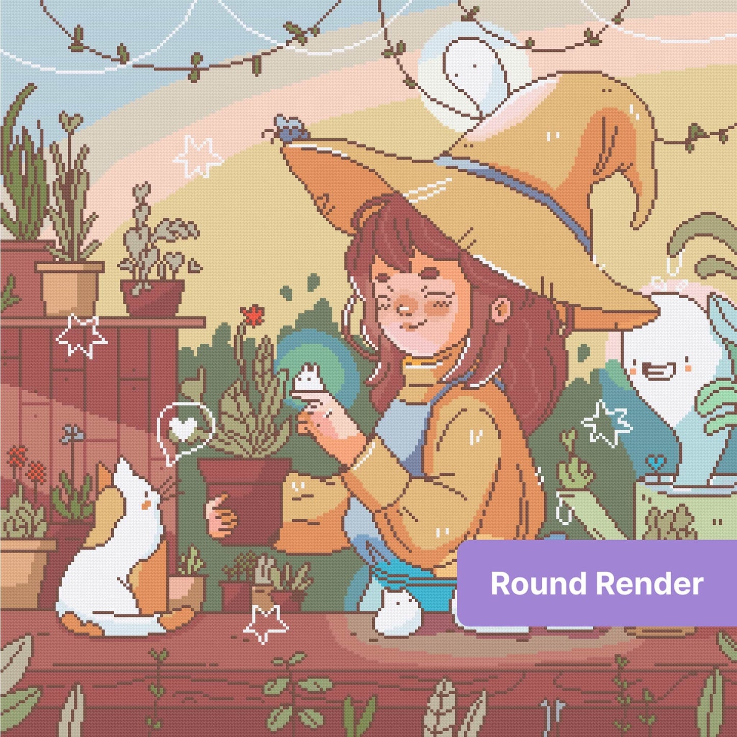 Cute cartoon witch girl in orange hat with potted plants and whimsical garden companions