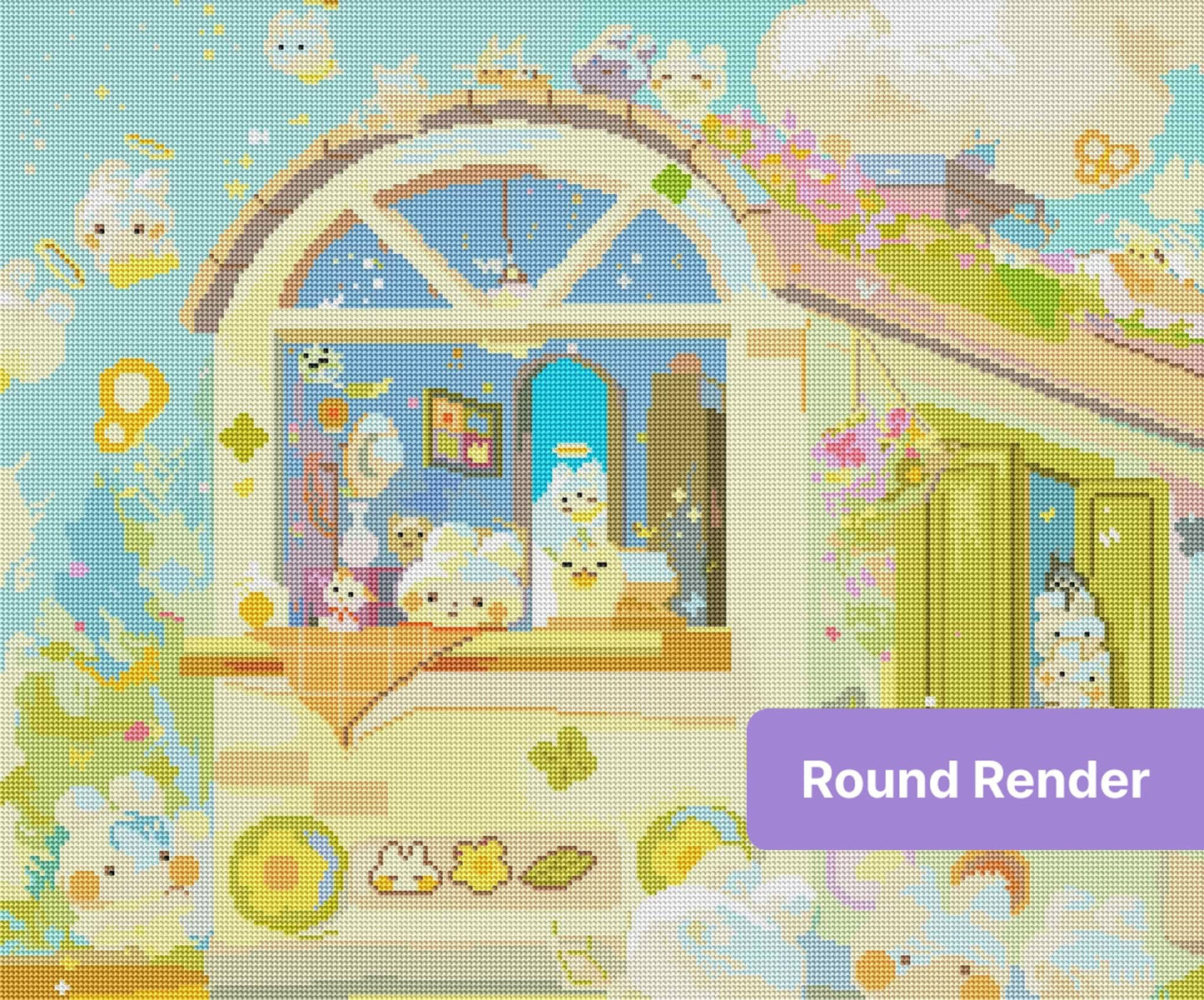 Whimsical pastel house with cute bunny characters and floral accents