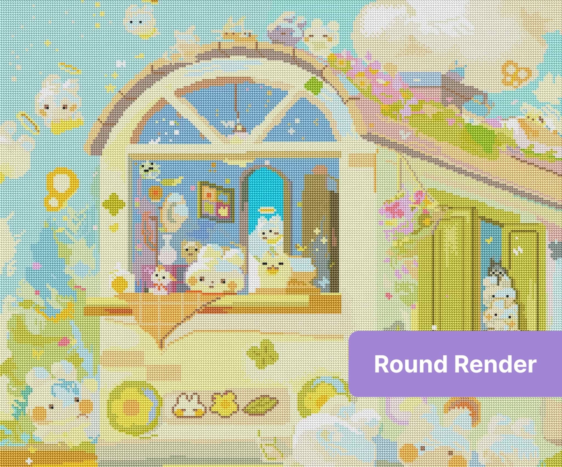Whimsical pastel house with cute bunny characters and floral accents