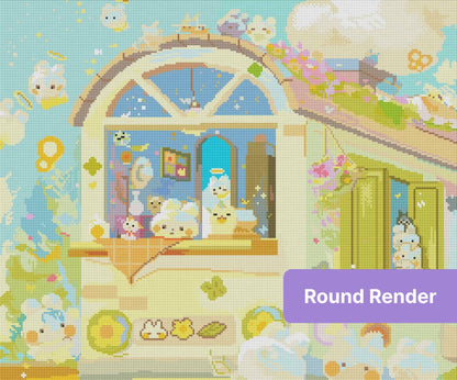 Whimsical pastel house with cute bunny characters and floral accents