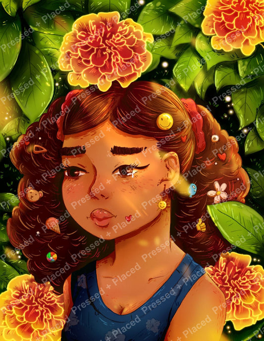 Illustrated girl with floral hair accessories surrounded by glowing marigolds and green leaves