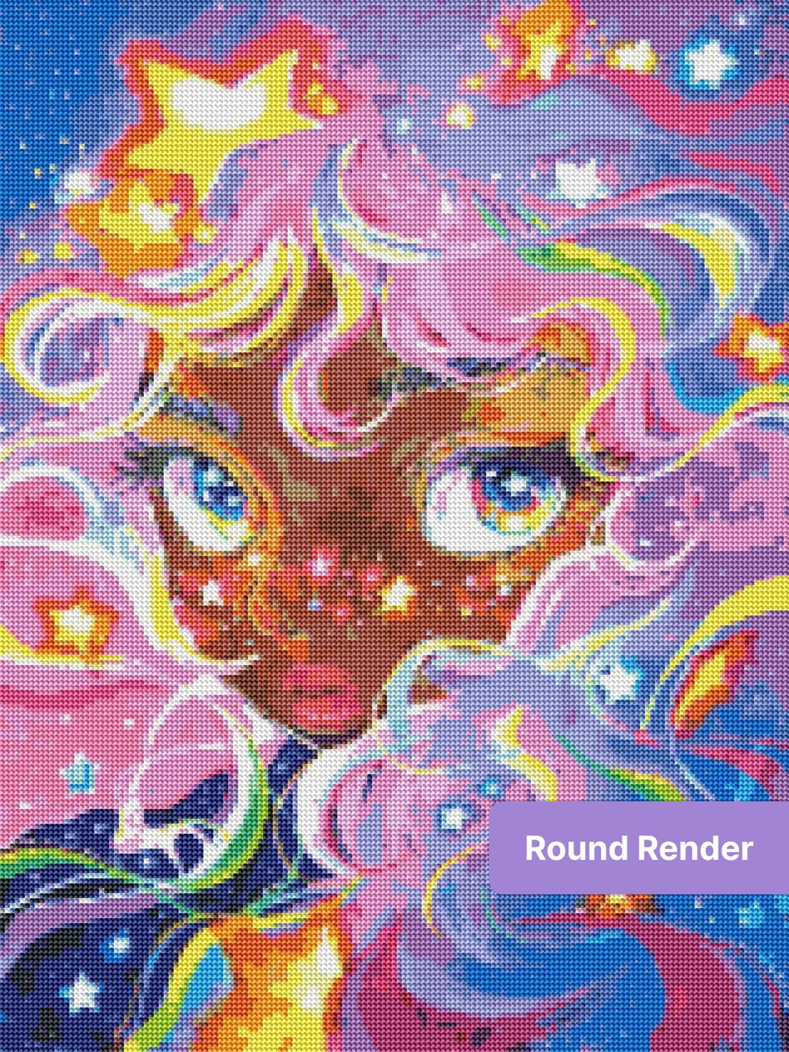 Colorful fantasy girl portrait with rainbow hair, glowing stars, and vivid purple cosmic background