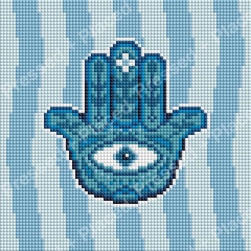 Blue Hamsa hand with eye symbol diamond art on striped background