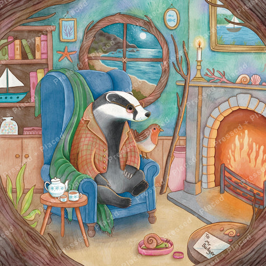Badger in a blue armchair by a fireplace, cozy seaside cottage with whimsical nautical decor