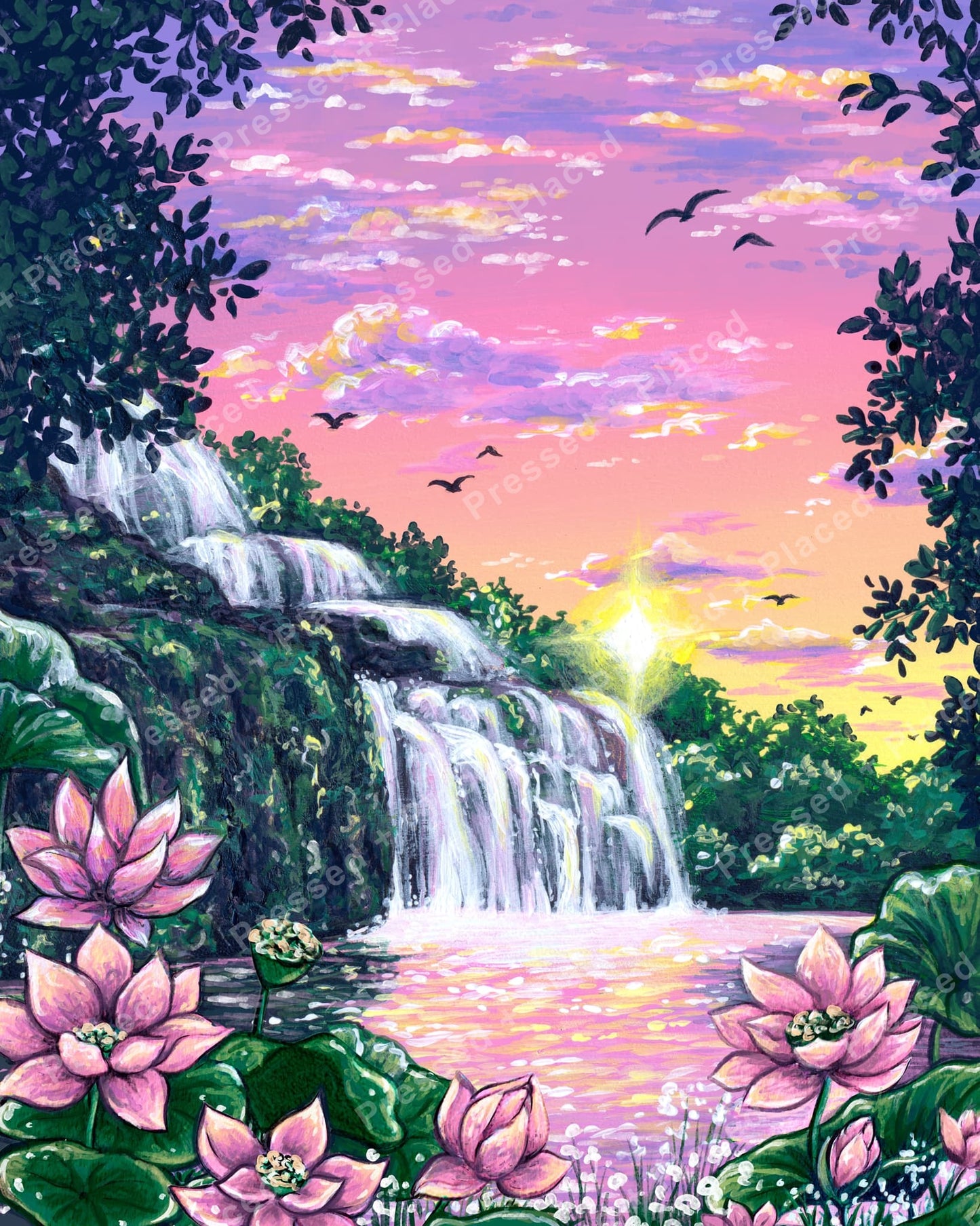 Painted waterfall landscape with pink lotus flowers, tropical leaves, and a pastel sunset sky