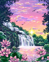 Painted waterfall landscape with pink lotus flowers, tropical leaves, and a pastel sunset sky