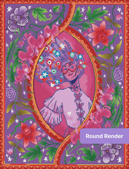 Stylized floral portrait with purple background, glowing vines, and pink blossoms