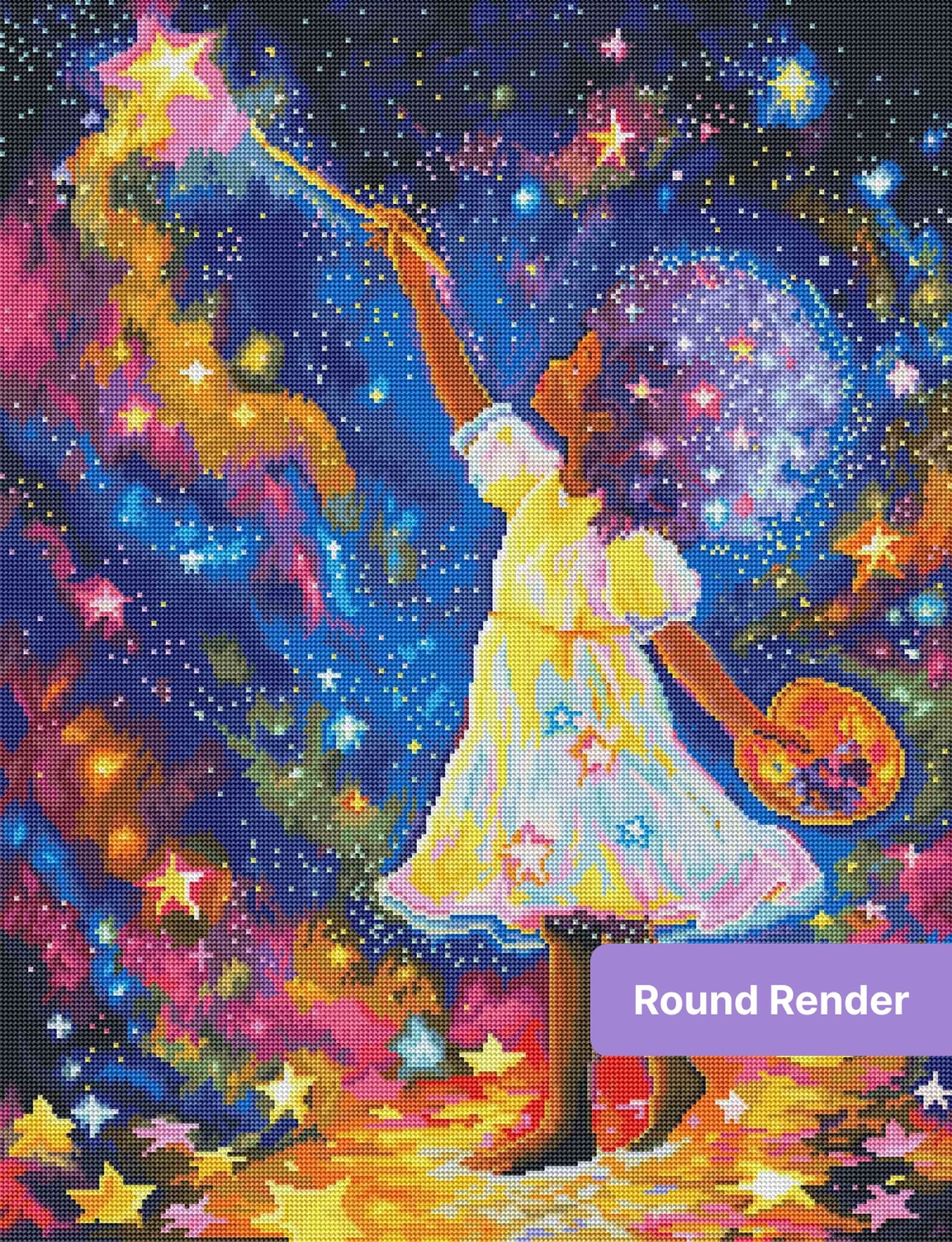 Fantasy girl in a glowing dress reaching for stars with a wand in a colorful cosmic sky